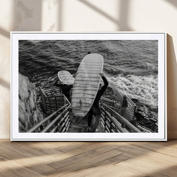 32353707-MGC-FP-36x24_White-Black White Surfing Wall Art Canvas Print, Framed Coastal Surfing Art Picture Print, Wave Riders Perfect Coastal Adventure Decor