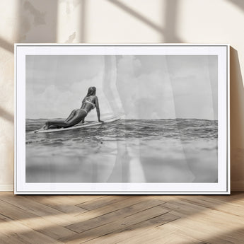 69798068-MGC-FP-36x24_White-Black White Surfing Wall Art Canvas Print, Framed Ocean Horizon Art Picture Print, Surfer Girl Perfect Coastal Adventure Decor