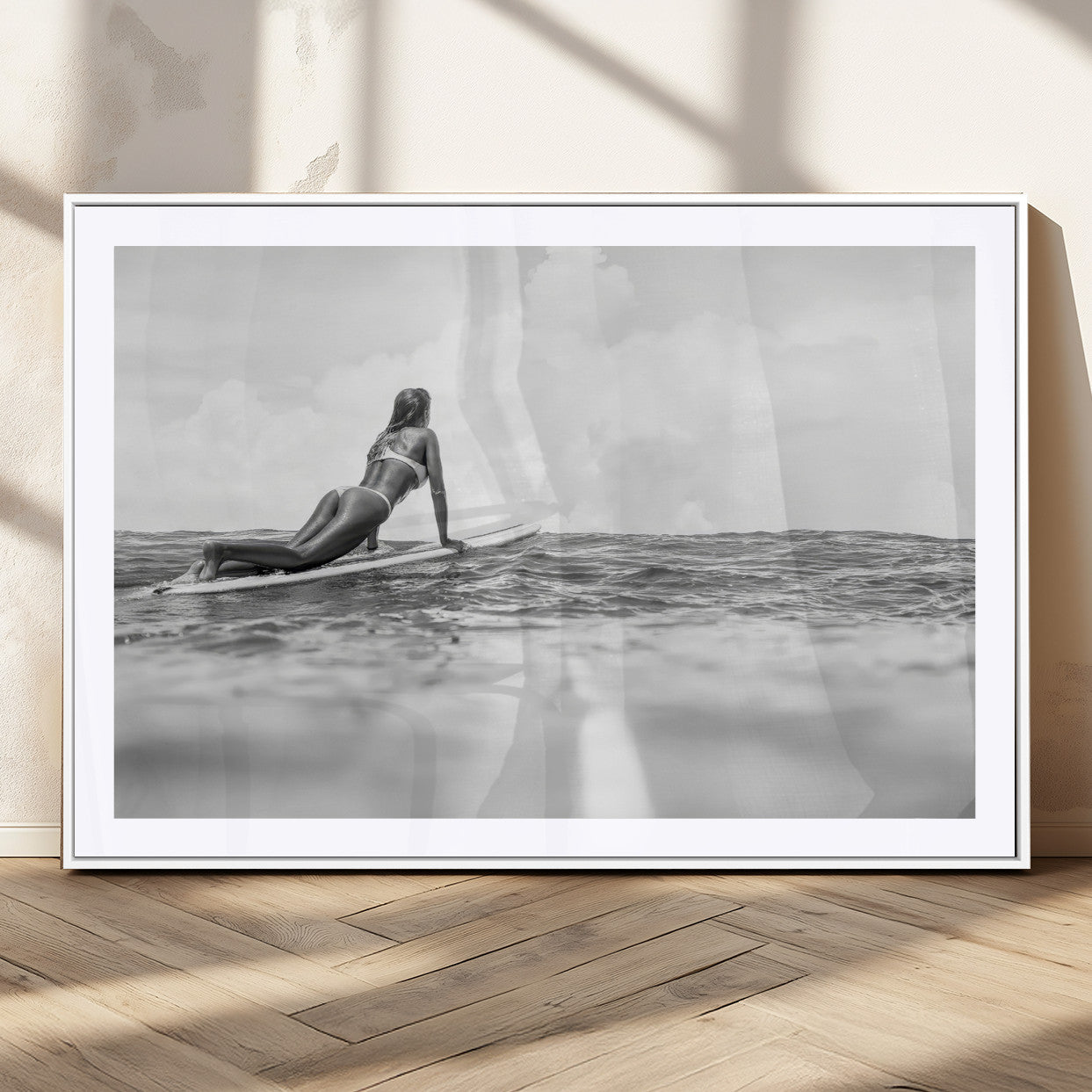 69798068-MGV-CV-36X24-Black White Surfing Wall Art Canvas Print, Framed Ocean Horizon Art Picture Print, Surfer Girl Perfect Coastal Adventure Decor