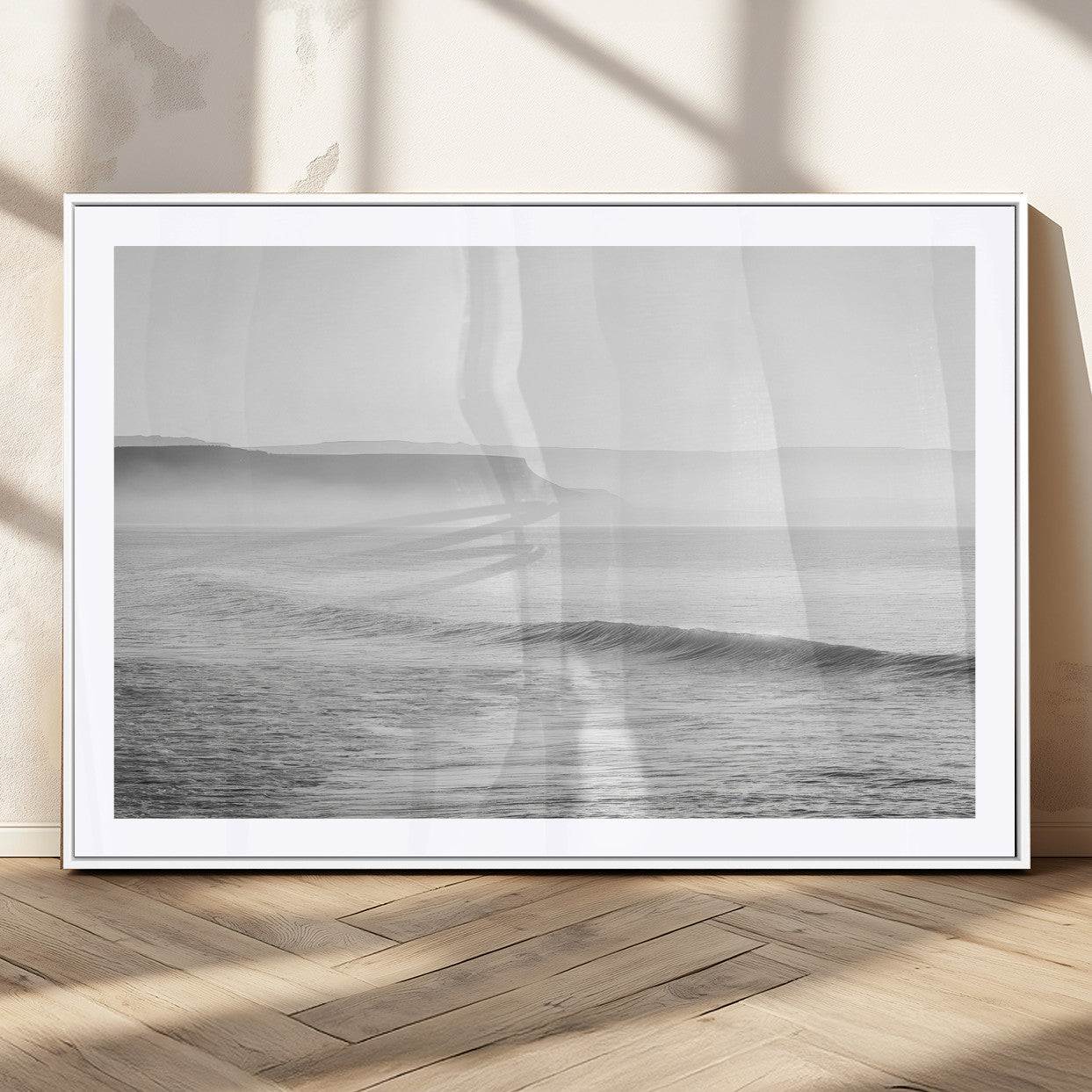 60635783-MGC-FP-36x24_White-Black White Seascape Wall Art Canvas Print, Framed Ocean Waves Art Picture Print, Misty Coastal Perfect Minimalist Coastal Decor