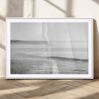 60635783-MGC-FP-36x24_White-Black White Seascape Wall Art Canvas Print, Framed Ocean Waves Art Picture Print, Misty Coastal Perfect Minimalist Coastal Decor