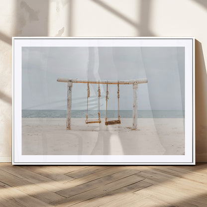 68327283-MGC-FP-36x24_White-Beach Swing Wall Art Canvas Print, Framed Quiet Beach Art Picture Print, Calm Shoreline Perfect Bohemian Coastal Decor Artwork