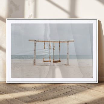 68327283-MGV-CV-36X24-Beach Swing Wall Art Canvas Print, Framed Quiet Beach Art Picture Print, Calm Shoreline Perfect Bohemian Coastal Decor Artwork