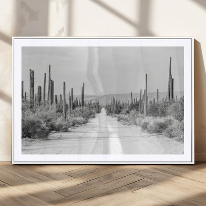 35537313-MGC-FP-36x24_White-Monochrome Desert Wall Art Canvas Print, Framed Cactus Path Art Picture Print, Southwestern Landscape Perfect Southwestern