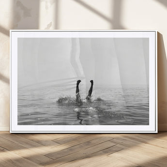 26667396-MGC-FP-36x24_White-Black White Ocean Wall Art Canvas Print, Framed Monochrome Water Art Picture Print, Diving into Water Perfect Minimalist Aquatic