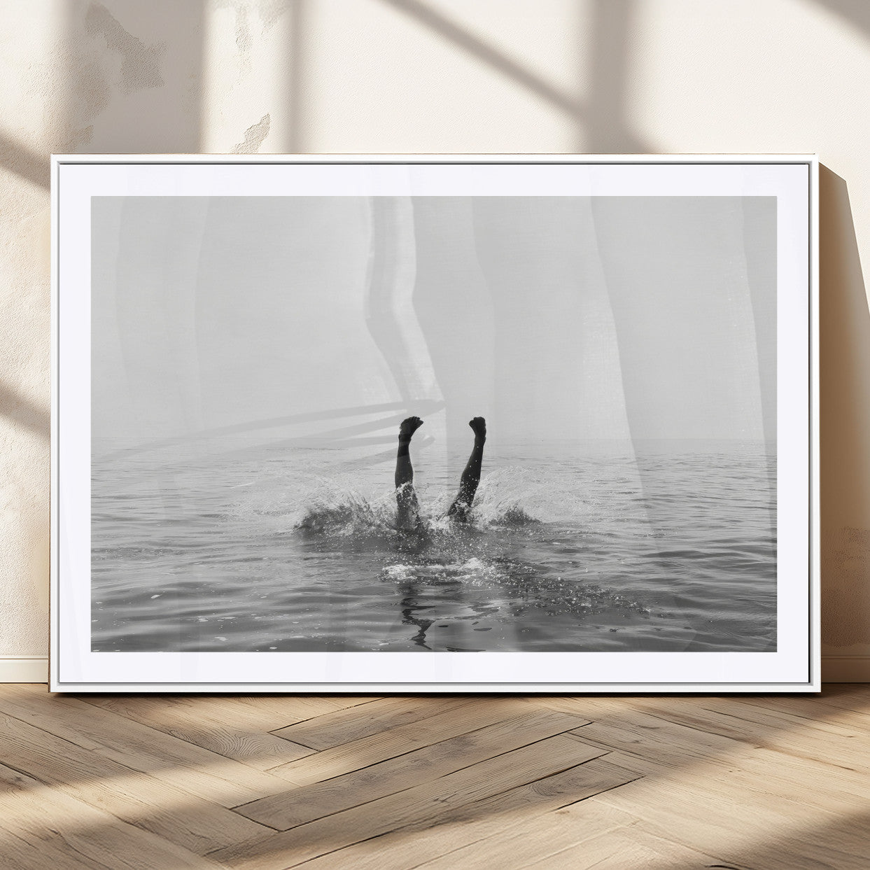 26667396-MGV-CV-36X24-Black White Ocean Wall Art Canvas Print, Framed Monochrome Water Art Picture Print, Diving into Water Perfect Minimalist Aquatic