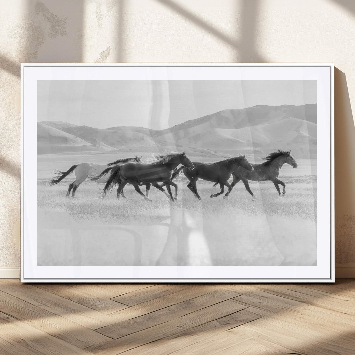 69934913-MGC-FP-36x24_White-Wild Horses Running Wall Art Canvas Print, Framed Black White Mustangs Art Picture Print, Rustic Western Perfect Rustic Western
