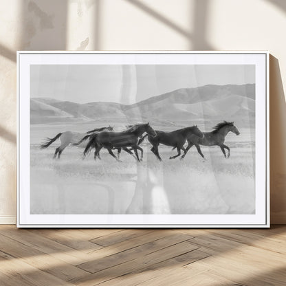 69934913-MGC-FP-36x24_White-Wild Horses Running Wall Art Canvas Print, Framed Black White Mustangs Art Picture Print, Rustic Western Perfect Rustic Western