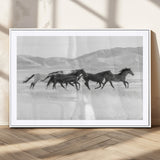 69934913-MGC-FP-36x24_White-Wild Horses Running Wall Art Canvas Print, Framed Black White Mustangs Art Picture Print, Rustic Western Perfect Rustic Western