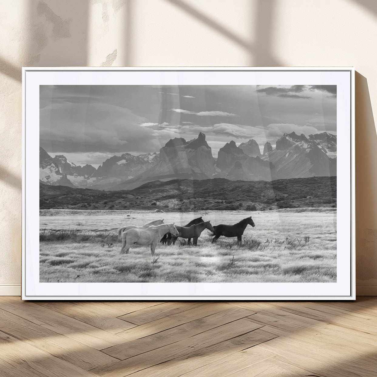 21655040-MGC-FP-36x24_White-Wild Horses Wall Art Canvas Print, Framed Black White Mountains Art Picture Print, Rustic Countryside Perfect Rustic Western Decor