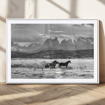 21655040-MGC-FP-36x24_White-Wild Horses Wall Art Canvas Print, Framed Black White Mountains Art Picture Print, Rustic Countryside Perfect Rustic Western Decor