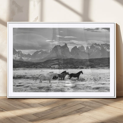 21655040-MGC-FP-36x24_White-Wild Horses Wall Art Canvas Print, Framed Black White Mountains Art Picture Print, Rustic Countryside Perfect Rustic Western Decor
