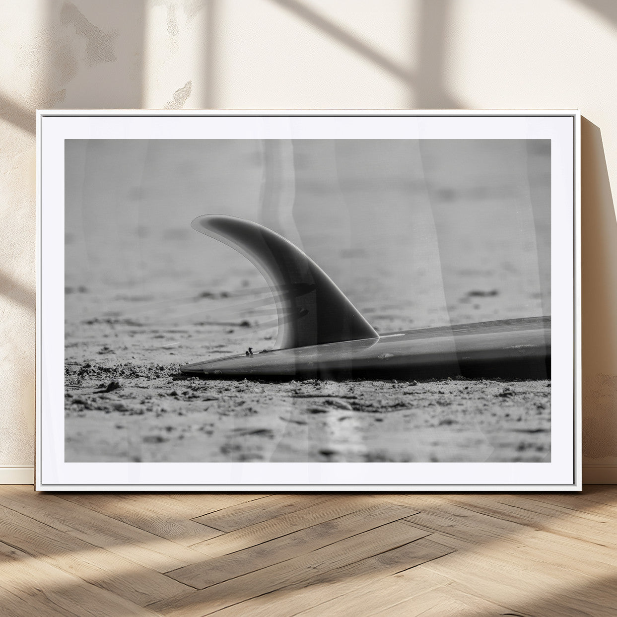 62314230-MGC-FP-36x24_White-Black White Surfboard Wall Art Canvas Print, Framed Minimalist Beach Art Picture Print, Surf Fin Perfect Minimalist Coastal Decor