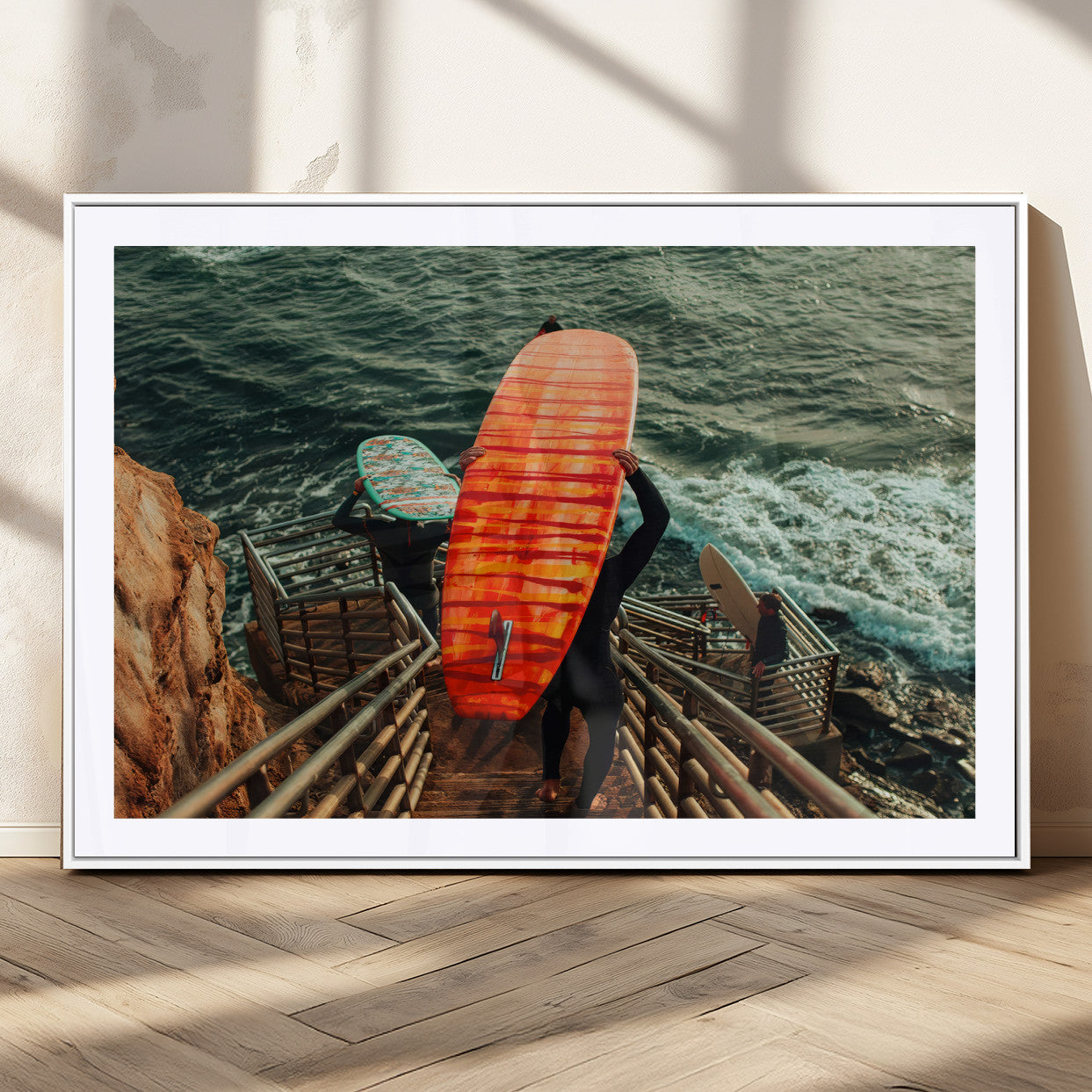 84555848-MGC-FP-36x24_White-Surfer Stairway Wall Art Canvas Print, Framed Ocean Surf Art Picture Print, Sunset Coastal Perfect Coastal Adventure Decor Artwork