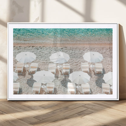 83736167-MGC-FP-36x24_White-Calm Beach Wall Art Canvas Print, Framed Turquoise Water Art Picture Print, Umbrella Shoreline Perfect Coastal Minimalist Decor