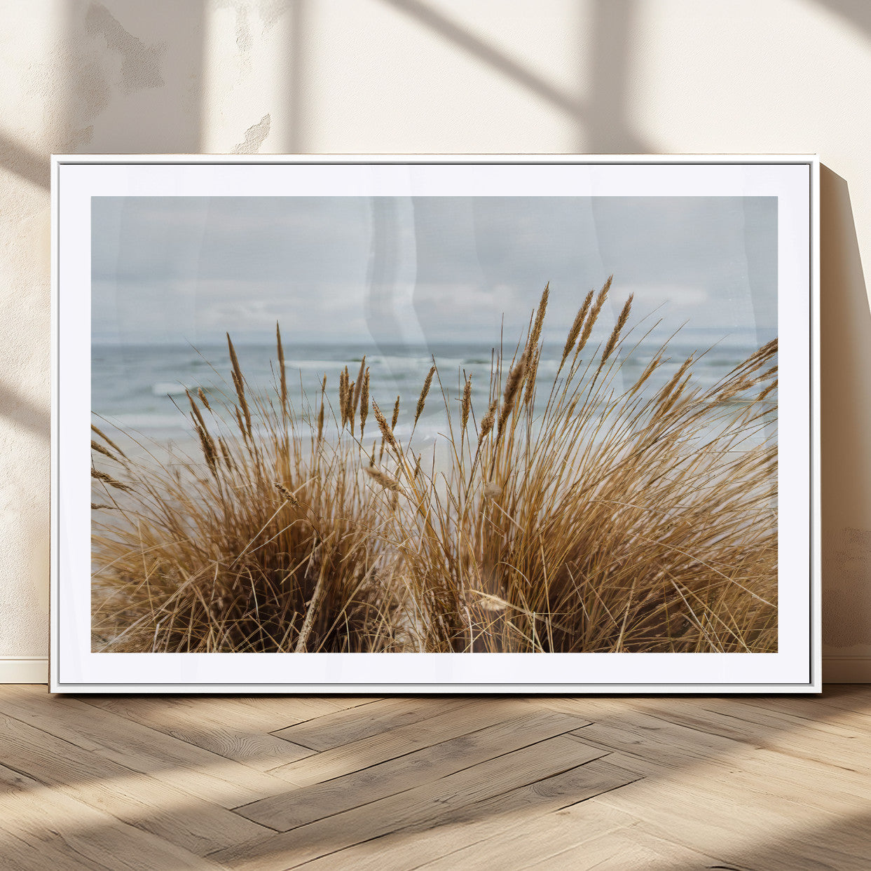 14270839-MGC-FP-36x24_White-Beach Grass Wall Art Canvas Print, Framed Coastal Dunes Art Picture Print, Dune Grass Perfect Coastal Minimalist Decor Artwork