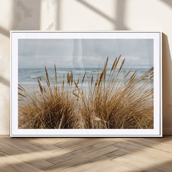 14270839-MGC-FP-36x24_White-Beach Grass Wall Art Canvas Print, Framed Coastal Dunes Art Picture Print, Dune Grass Perfect Coastal Minimalist Decor Artwork
