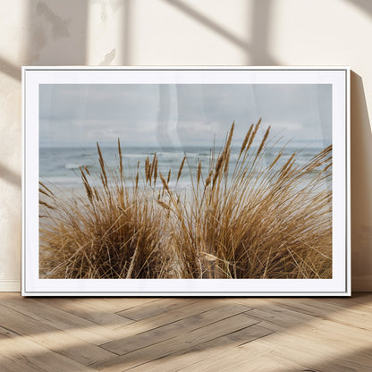 14270839-MGC-FP-36x24_White-Beach Grass Wall Art Canvas Print, Framed Coastal Dunes Art Picture Print, Dune Grass Perfect Coastal Minimalist Decor Artwork