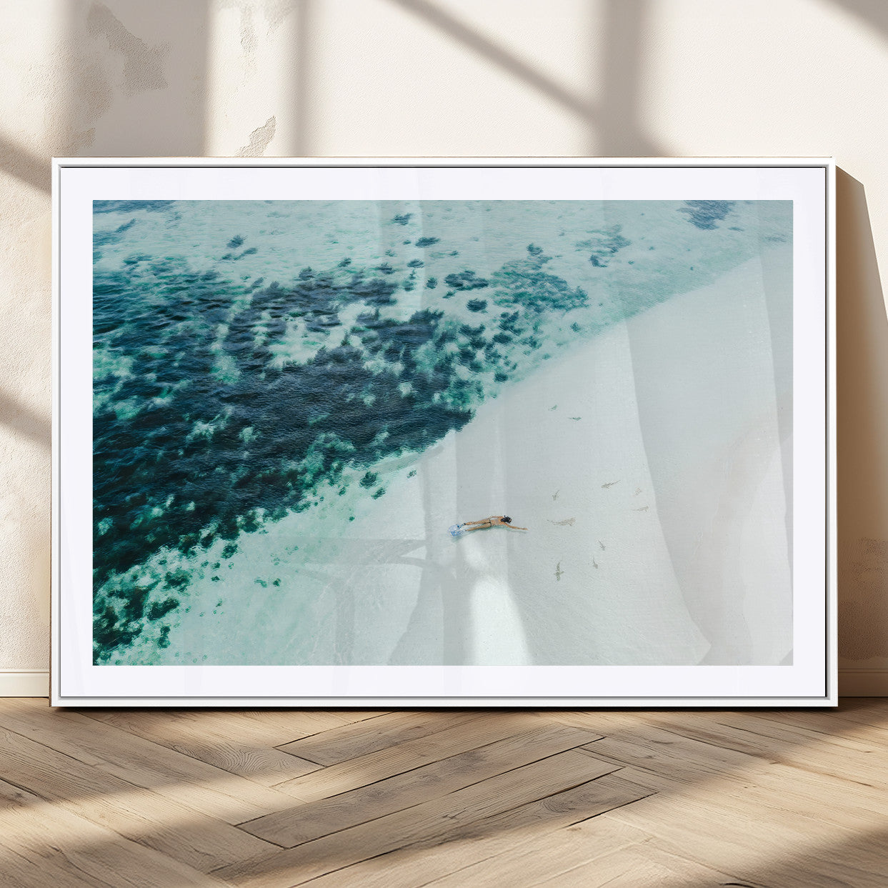 33764764-MGC-FP-36x24_White-Minimal Beach Wall Art Canvas Print, Framed Ocean Swimming Art Picture Print, Clear Ocean Perfect Minimal Coastal Decor Artwork