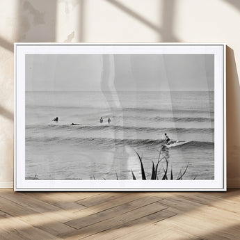 33821421-MGC-FP-36x24_White-Surfer Silhouette Wall Art Canvas Print, Framed Calm Ocean Art Picture Print, Monochrome Surf Perfect Minimalist Coastal Decor
