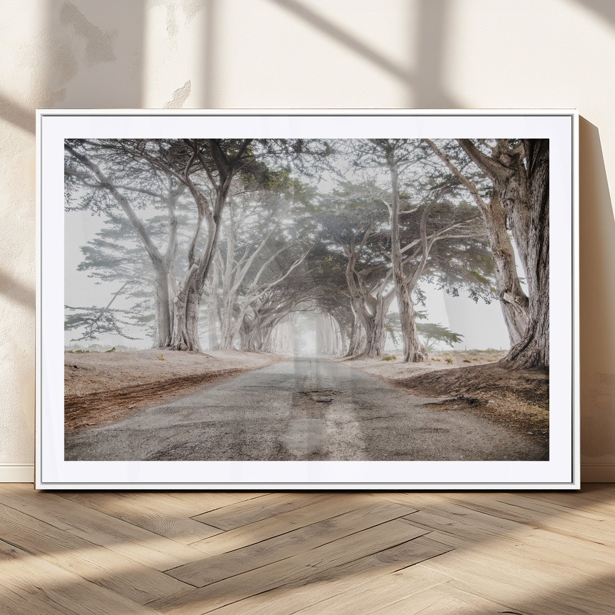 87090469-MGC-FP-36x24_White-Cypress Tunnel Wall Art Canvas Print, Framed Misty Road Art Picture Print, Foggy Trees Perfect Rustic Woodland Decor Artwork