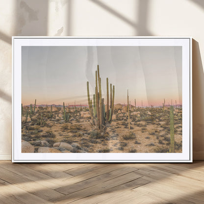 76234974-MGC-FP-36x24_White-Desert Cactus Wall Art Canvas Print, Framed Baja Desert Art Picture Print, Pastel Desert Perfect Southwestern Boho Decor Artwork