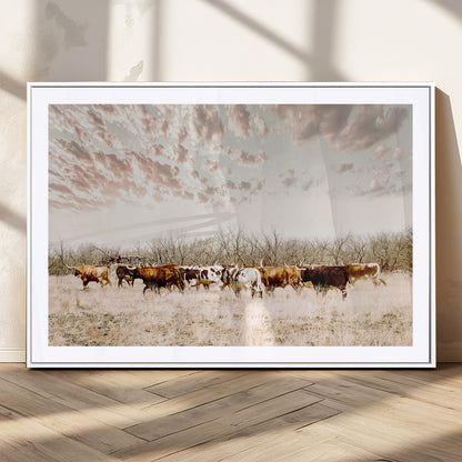 64892775-MGC-FP-36x24_White-Longhorn Cattle Wall Art Canvas Print, Framed Texas Ranch Art Picture Print, Western Cow Perfect Western Decor Artwork
