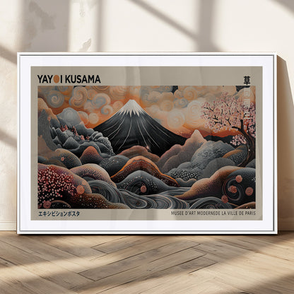 55739266-MGC-FP-36x24_White-Japanese Wall Art Print – Abstract Yayoi Kusama Inspired Dotted Landscape Poster, Surreal Oriental Mountain and Cherry Blossom