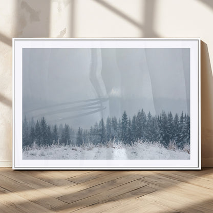 33033082-MGV-CV-36X24-Winter Forest Art Wall Art Canvas Print, Framed Snowy Landscape Art Picture Print, Misty Tree Scene Perfect Nordic Minimalist