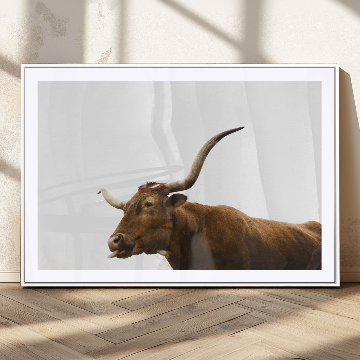 62566114-MGC-FP-36x24_White-Longhorn Cow Art Wall Art Canvas Print, Framed Rustic Animal Decor Art Picture Print, Texas Bull Photo Perfect Rustic Farmhouse