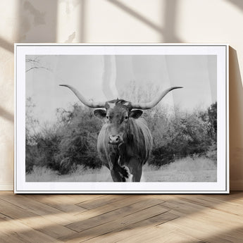 97280319-MGC-FP-36x24_White-Longhorn Photography Wall Art Canvas Print, Framed Western Cow Decor Art Picture Print, Texas Ranch Style Perfect Rustic Farmhouse
