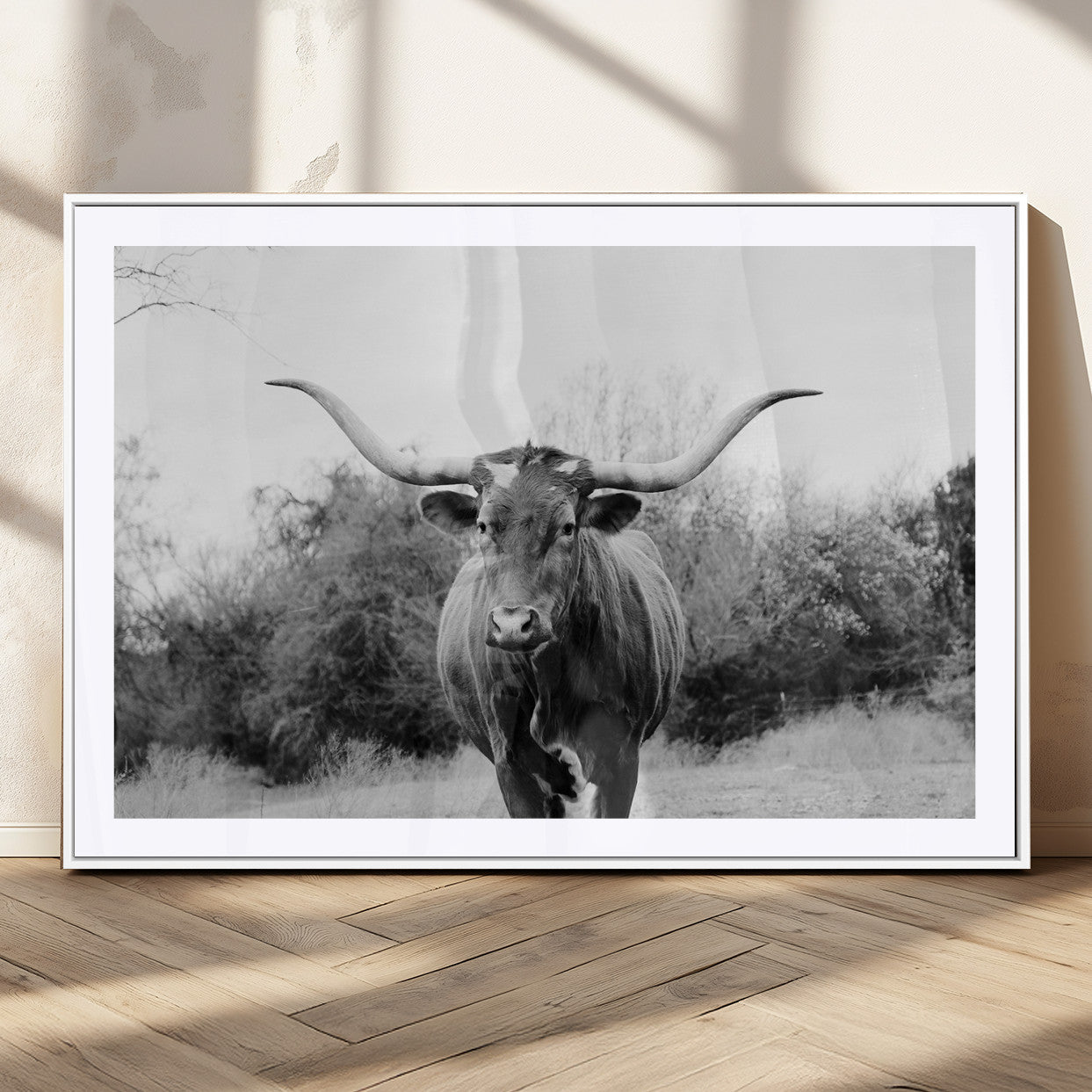 97280319-MGV-CV-36X24-Longhorn Photography Wall Art Canvas Print, Framed Western Cow Decor Art Picture Print, Texas Ranch Style Perfect Rustic Farmhouse