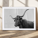 99244177-MGC-FP-36x24_White-Longhorn Photography Wall Art Canvas Print, Framed Western Cow Decor Art Picture Print, Black White Bull Perfect Modern Rustic