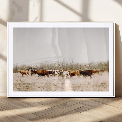 12454132-MGV-CV-36X24-Cow Herd Photography Wall Art Canvas Print, Framed Rustic Farmhouse Decor Art Picture Print, Western Ranch Style Perfect Rustic