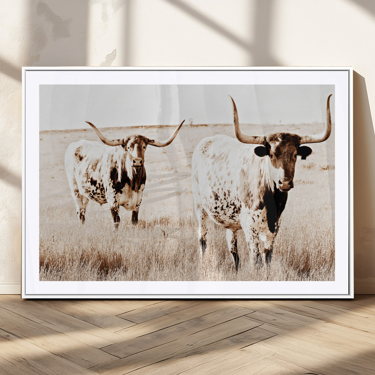 39672786-MGC-FP-36x24_White-Rustic Cow Scene Wall Art Canvas Print, Framed Farmhouse Style Cattle Art Picture Print, Prairie Animal Duo Perfect Rustic Western