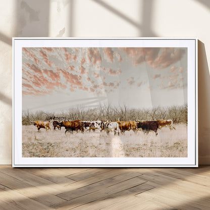 43704663-MGC-FP-36x24_White-Country Cow Herd Wall Art Canvas Print, Framed Farmhouse Cattle Scene Art Picture Print, Rustic Ranch Decor Perfect Rustic