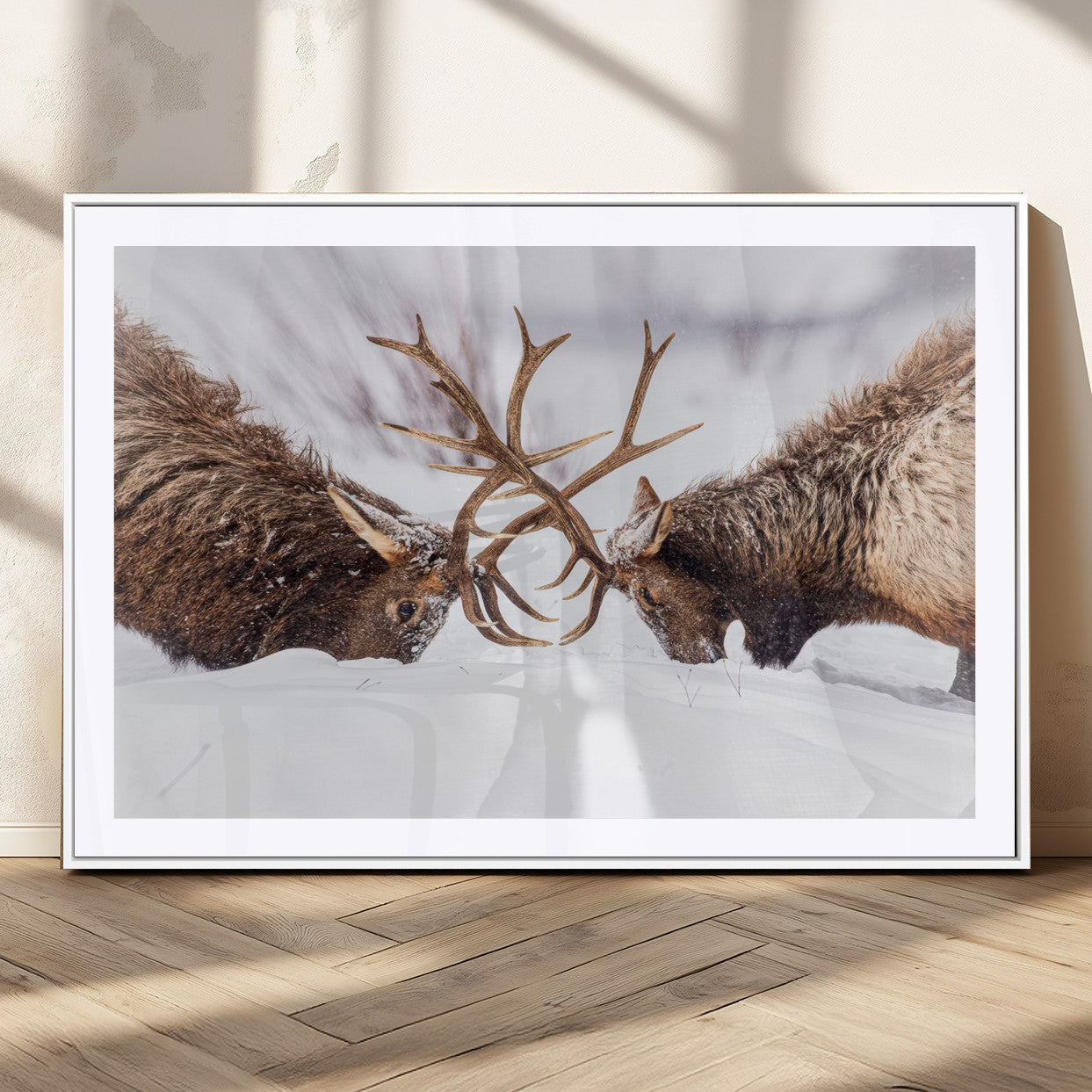 36507609-MGC-FP-36x24_White-Elk Clash Scene Wall Art Canvas Print, Framed Wildlife Strength Decor Art Picture Print, Snowy Forest Elk Perfect Rustic Lodge