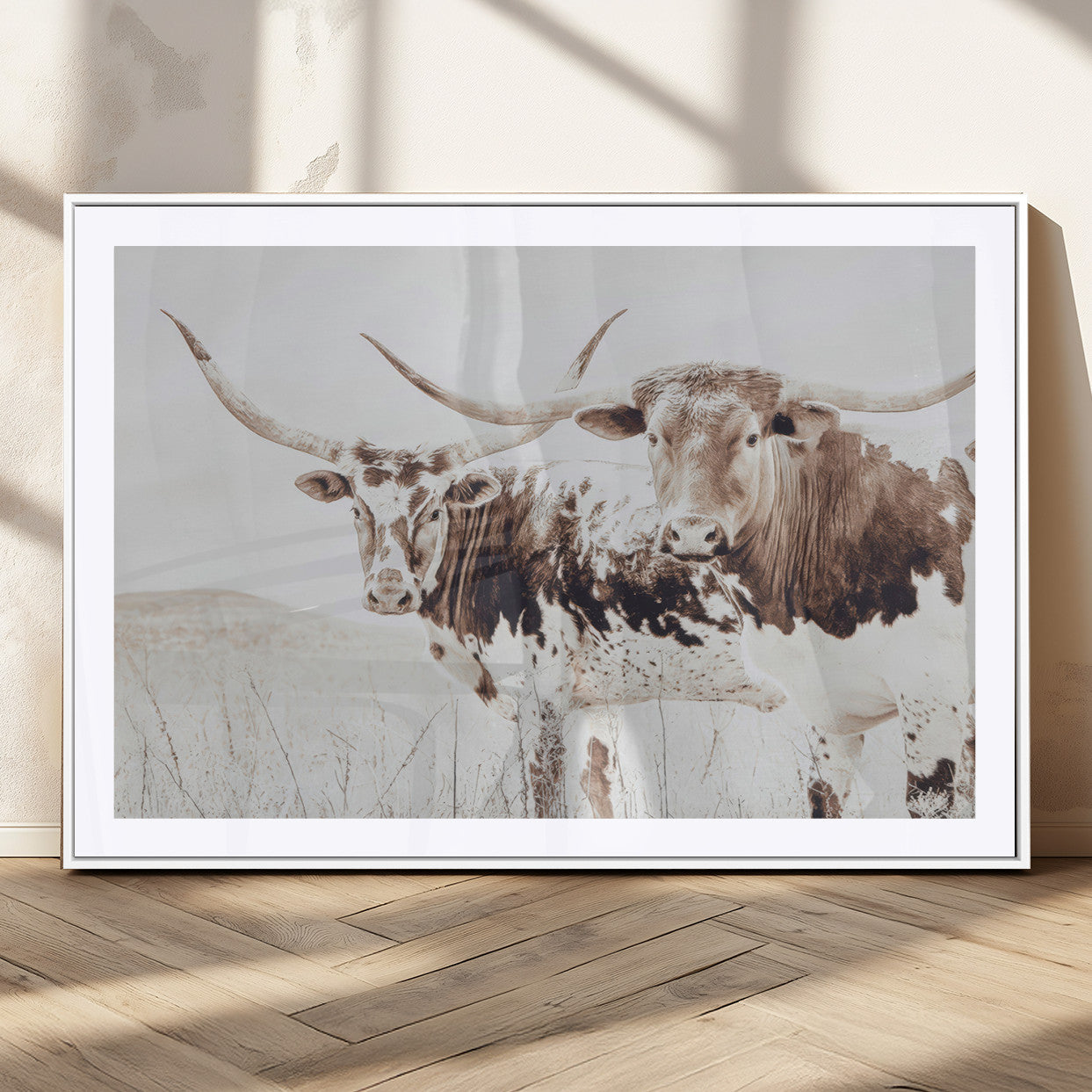 48161868-MGV-CV-36X24-Longhorn Cow Decor Wall Art Canvas Print, Framed Rustic Cattle Art Picture Print, Sepia Western Vibe Perfect Neutral Rustic