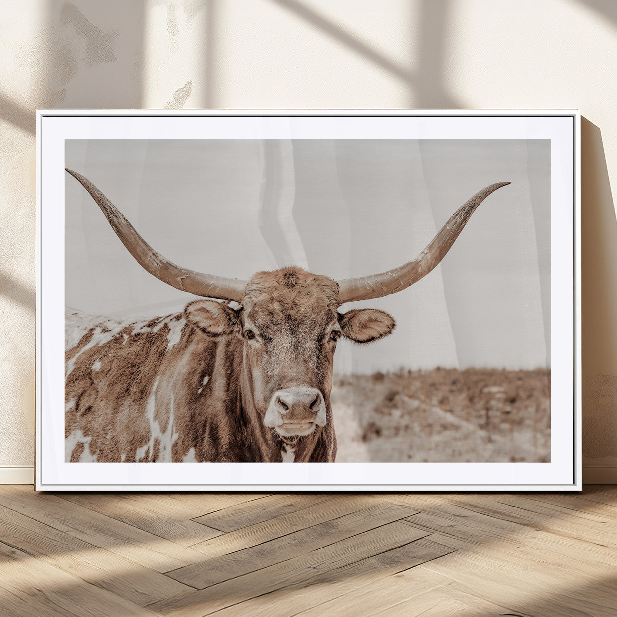 77810049-MGC-FP-36x24_White-Longhorn Bull Photo Wall Art Canvas Print, Framed Rustic Cow Decor Art Picture Print, Neutral Farmhouse Style Perfect Rustic