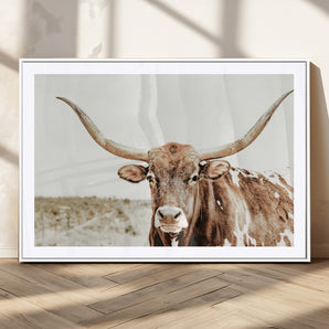 98924580-MGC-FP-36x24_White-Texas Longhorn Bull Wall Art Canvas Print, Framed Rustic Farmhouse Decor Art Picture Print, Western Animal Theme Perfect Rustic