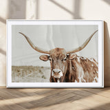 98924580-MGC-FP-36x24_White-Texas Longhorn Bull Wall Art Canvas Print, Framed Rustic Farmhouse Decor Art Picture Print, Western Animal Theme Perfect Rustic