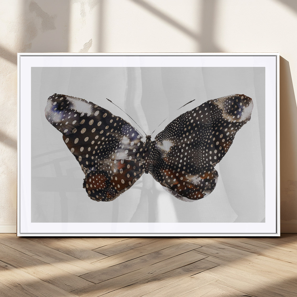 99831147-MGV-CV-36X24-Spotted Butterfly Wall Art Canvas Print, Framed Neutral Insect Theme Art Picture Print, Earthy Wing Pattern Perfect Modern Rustic