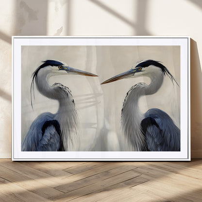 18230556-MGV-CV-36X24-Blue Heron Pair Wall Art Canvas Print, Framed Coastal Bird Theme Art Picture Print, Tranquil Wildlife Scene Perfect Coastal