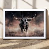 71457818-MGC-FP-36x24_White-Longhorn Wall Art Wall Art Canvas Print, Framed Western Bull Canvas Art Picture Print, Rustic Cow Decor Perfect Western Dramatic