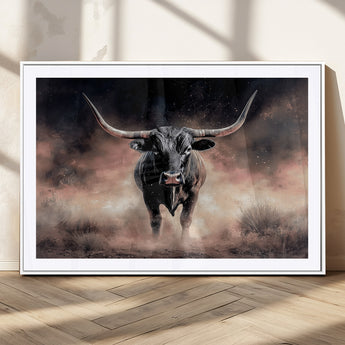 71457818-MGC-FP-36x24_White-Longhorn Wall Art Wall Art Canvas Print, Framed Western Bull Canvas Art Picture Print, Rustic Cow Decor Perfect Western Dramatic