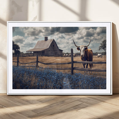 51092814-MGV-CV-36X24-Texas Longhorn Wall Art Wall Art Canvas Print, Framed Rustic Barn Canvas Art Picture Print, Farmhouse Cow Decor Perfect Rustic