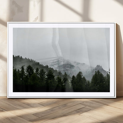 55968349-MGC-FP-36x24_White-Misty Mountains Wall Art Canvas Print, Framed Foggy Forest Art Picture Print, Snowy Peaks Perfect Moody Wilderness Decor Artwork
