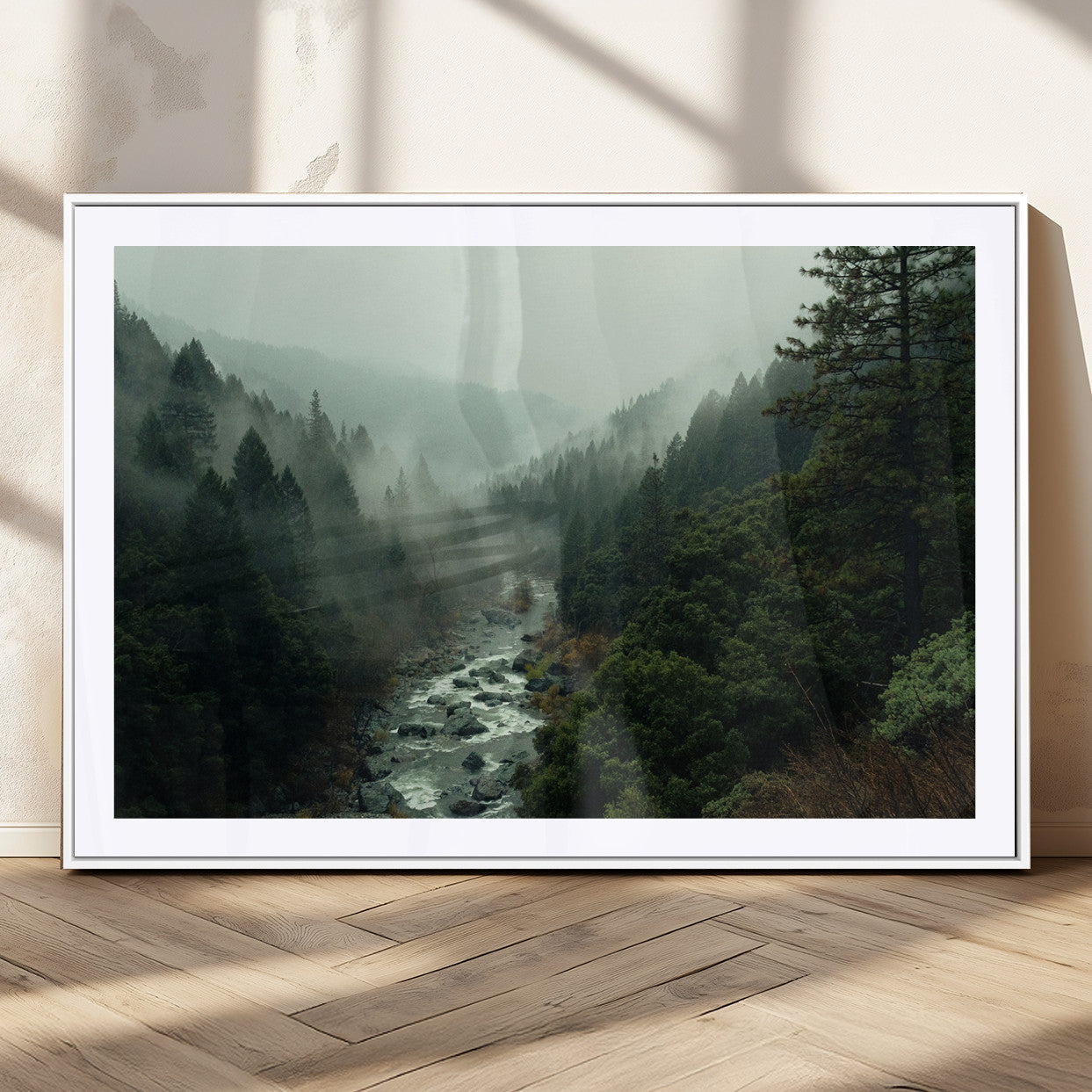 48497565-MGV-CV-36X24-Misty Forest Wall Art Canvas Print, Framed Foggy River Art Picture Print, Moody Landscape Perfect Moody Wilderness Decor Artwork