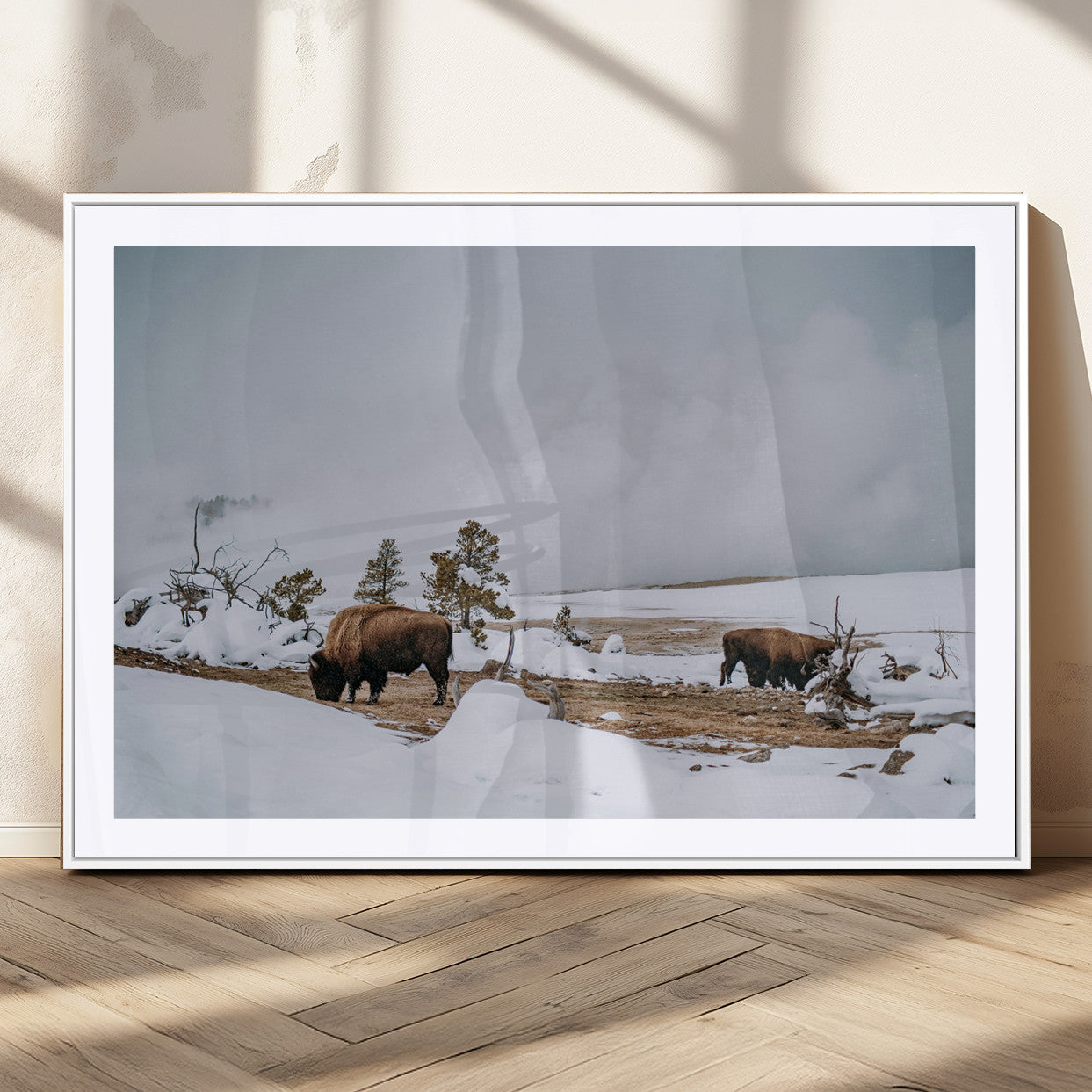60308289-MGV-CV-36X24-Bison Wildlife Wall Art Canvas Print, Framed Snowy Prairie Art Picture Print, Western Landscape Perfect Rustic Winter Decor