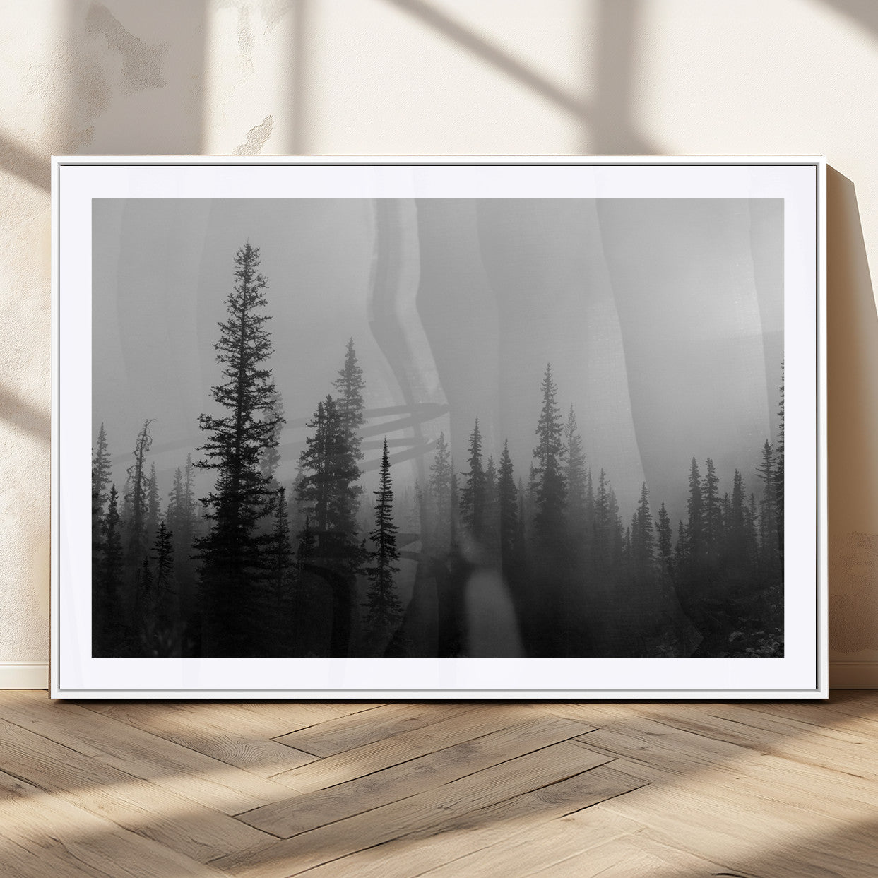 73138900-MGC-FP-36x24_White-Misty Pines Wall Art Canvas Print, Framed Woodland Photography Art Picture Print, Minimalist Decor Perfect Modern Rustic Decor